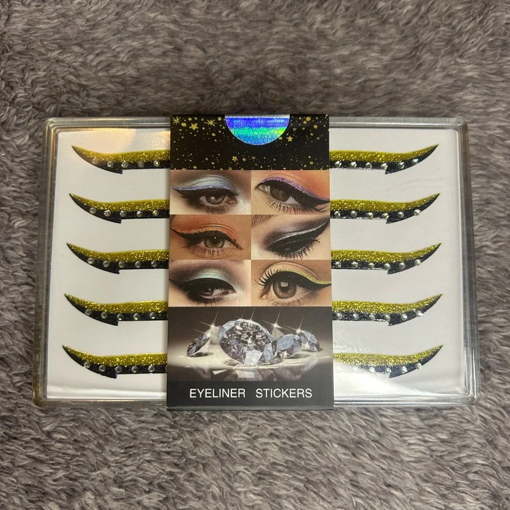 Glitter and Rhinestones Eyeliner Reusable Stickers Set - Pink, Green, Gold-NIB